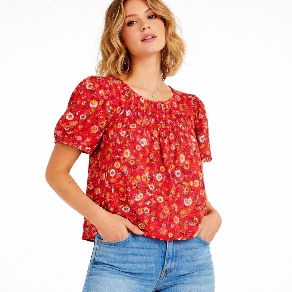 Chenault Womens Boho Babydoll Floral Top Size S Red Cottagecore Romantic Prairie